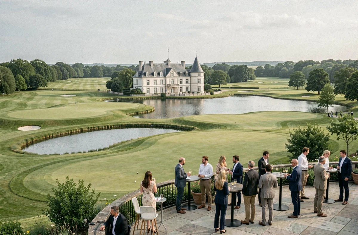 O'Green du Château d'Hem, réception en terrasse avec vue panoramique sur le parcours de golf et le château en arrière-plan