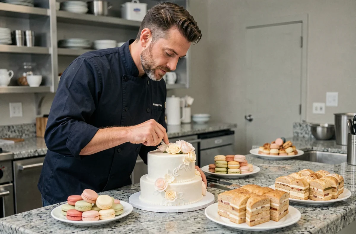 Chef Olivier Bourreau finalisant un gâteau de mariage orné de fleurs en sucre dans sa cuisine pâtissière