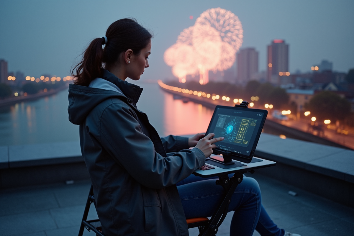 Jeune femme opérant des drones sur un toit au crépuscule