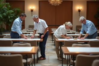 Groupe d adultes organisant des tables dans une salle