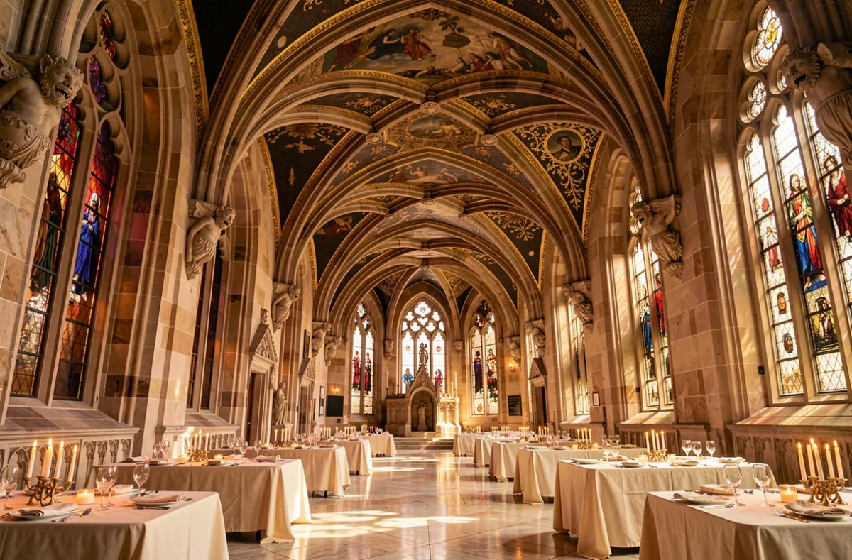 Intérieur somptueux du Palais Bénédictine à Fécamp avec ses voûtes dorées et ses tables de mariage illuminées aux bougies
