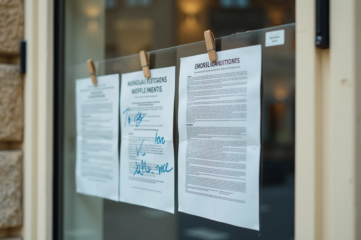 Panneau d'affichage municipal avec publications des bans et avis d'opposition manuscrit