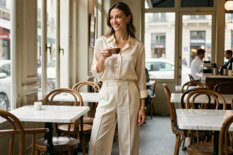 Femme portant un pantalon de mariée ivoire en jambe large avec un chemisier en soie dans un café parisien, tenue élégante portée après le mariage