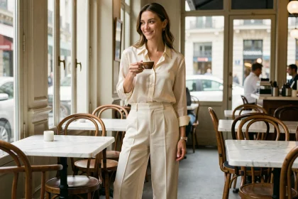 Femme portant un pantalon de mariée ivoire en jambe large avec un chemisier en soie dans un café parisien, tenue élégante portée après le mariage