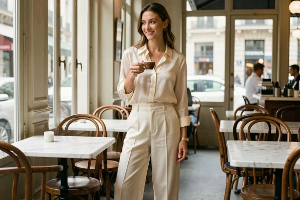 Femme portant un pantalon de mariée ivoire en jambe large avec un chemisier en soie dans un café parisien, tenue élégante portée après le mariage