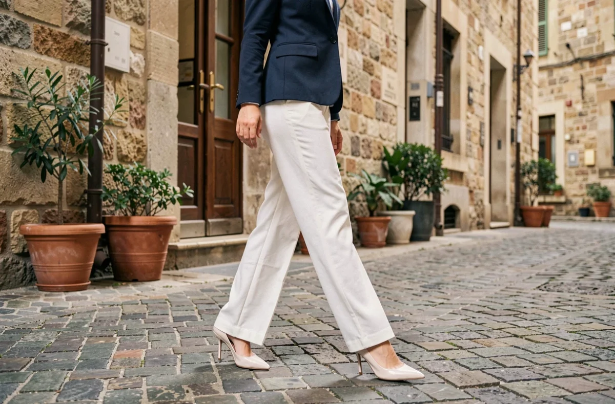 Femme en pantalon blanc de mariée et blazer marine marchant sur des pavés dans une ruelle européenne, look chic et décontracté après le mariage