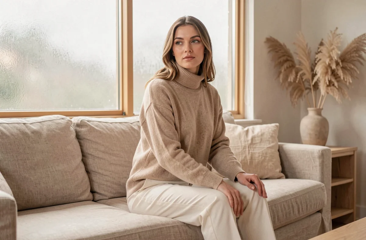 Femme en pantalon de mariée blanc cassé et pull cachemire beige assise dans un salon scandinave minimaliste, façon de reporter son pantalon de mariée au quotidien