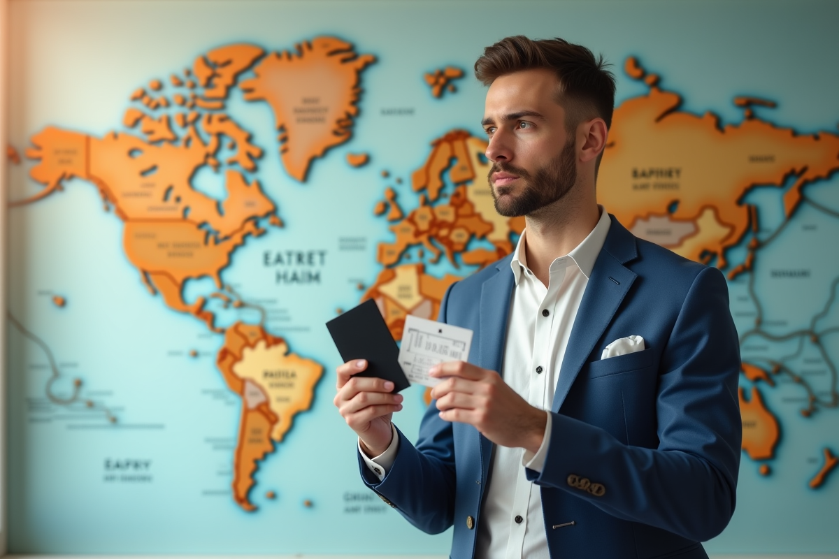 Homme tenant passeport et billets voyage devant une carte