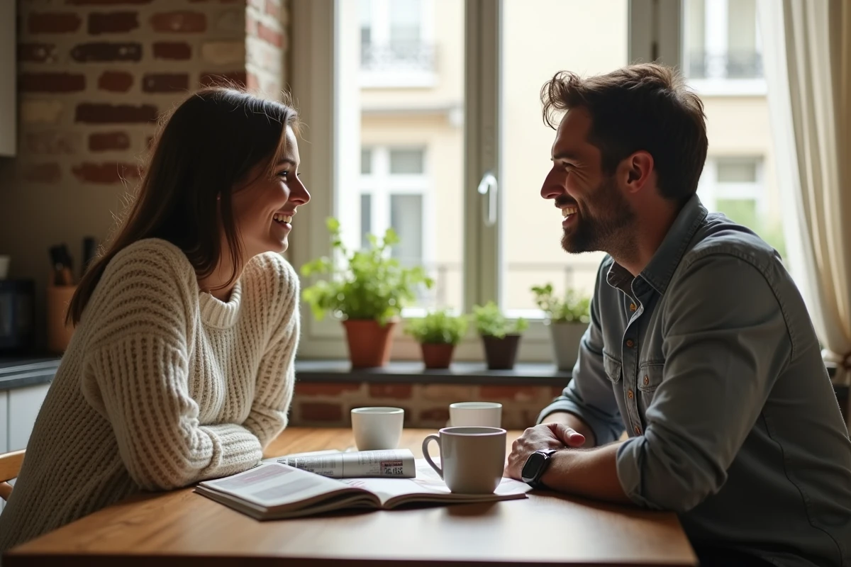 Couple partageant un moment complice dans une cuisine parisienne, illustrant l'harmonie entre vie de couple et vie médiatique