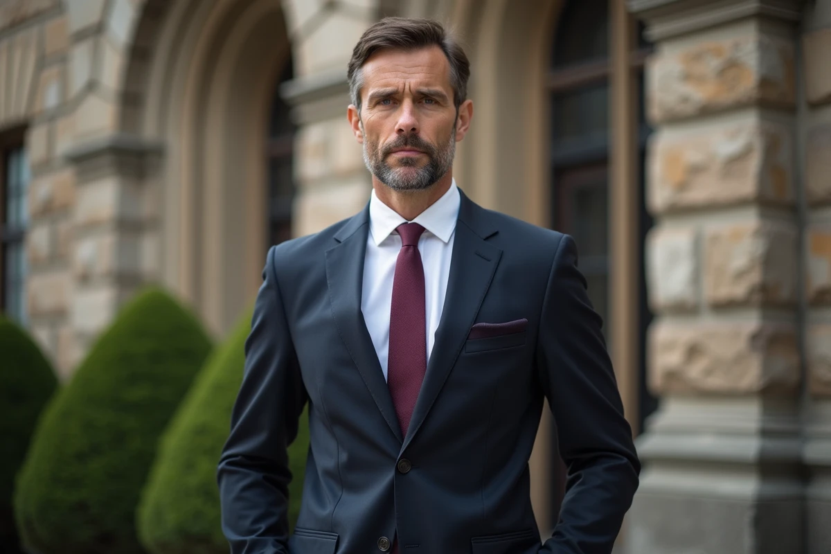 Homme en costume sombre devant un bâtiment historique en pierre, portrait éditorial professionnel évoquant une personnalité publique québécoise