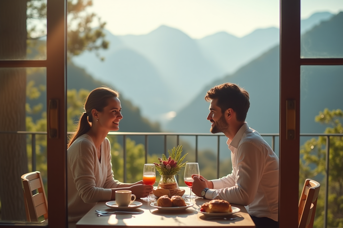 Couple prenant le petit déjeuner avec vue sur une montagne