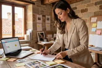 Photographe professionnelle à Avignon consultant son calendrier de réservations dans un studio au décor en pierre