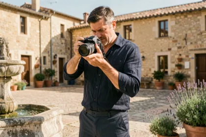 Photographe professionnel en extérieur dans une place typique du sud de la France près de Bagnols-sur-Cèze, réglant son appareil photo reflex