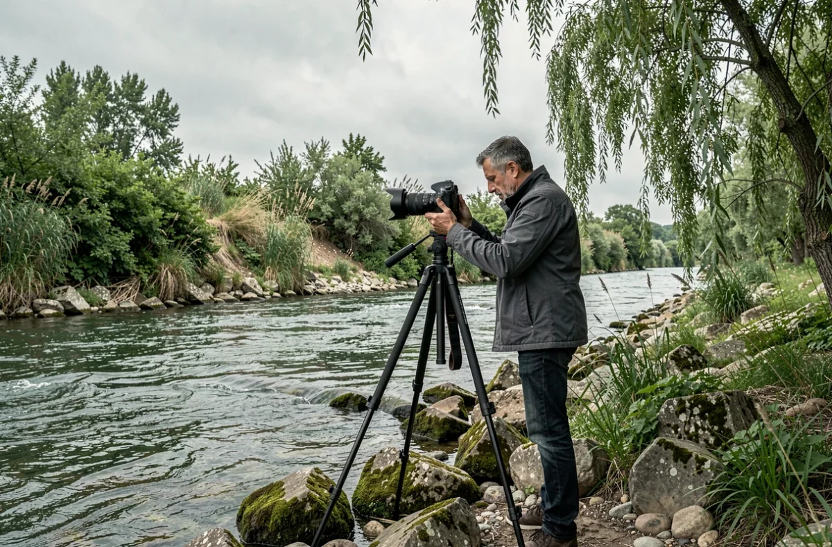 Photographe professionnel installant son trépied au bord de la rivière Cèze pour une séance photo en pleine nature près de Bagnols-sur-Cèze