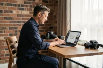Photographe professionnel consultant un devis en ligne sur son ordinateur dans son bureau à Montbéliard