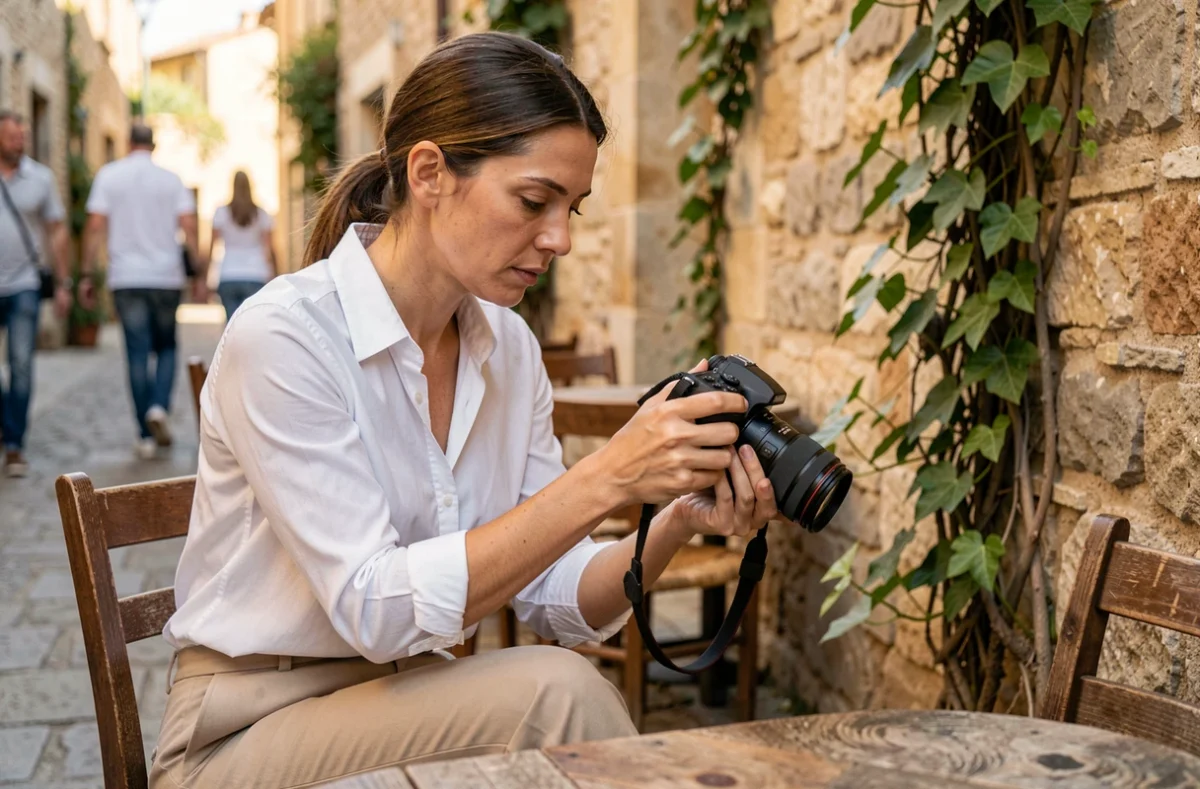 Photographe femme consultant ses photos sur son appareil lors d'une session extérieure dans un village du Gard proche de Bagnols-sur-Cèze