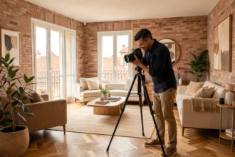 Photographe immobilier professionnel en train de shooter un appartement moderne à Toulouse avec murs en brique rose