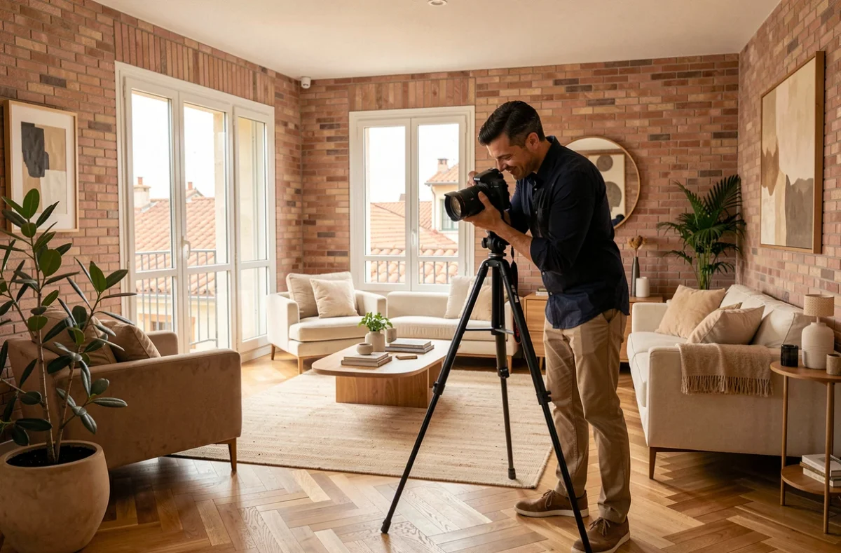 Photographe immobilier professionnel en train de shooter un appartement moderne à Toulouse avec murs en brique rose