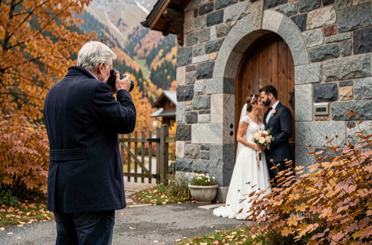 Photographe de mariage capturant un couple devant une chapelle en pierre savoyarde dans la région d'Albertville entourée de feuillage automnal