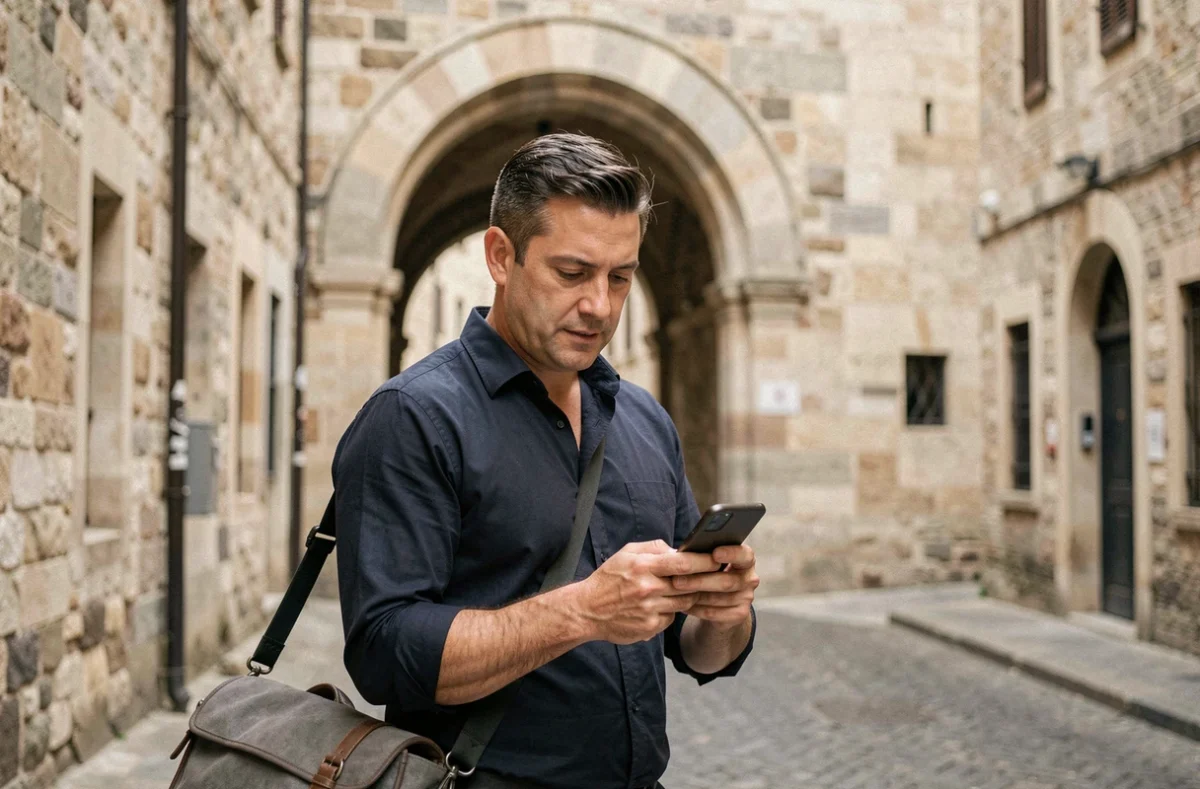 Photographe professionnel consultant son téléphone devant une arche historique dans le vieux Avignon