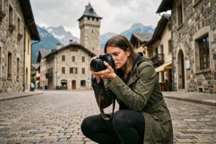 Photographe professionnelle en action dans les rues historiques d'Albertville avec ses bâtiments en pierre et la tour médiévale de Conflans