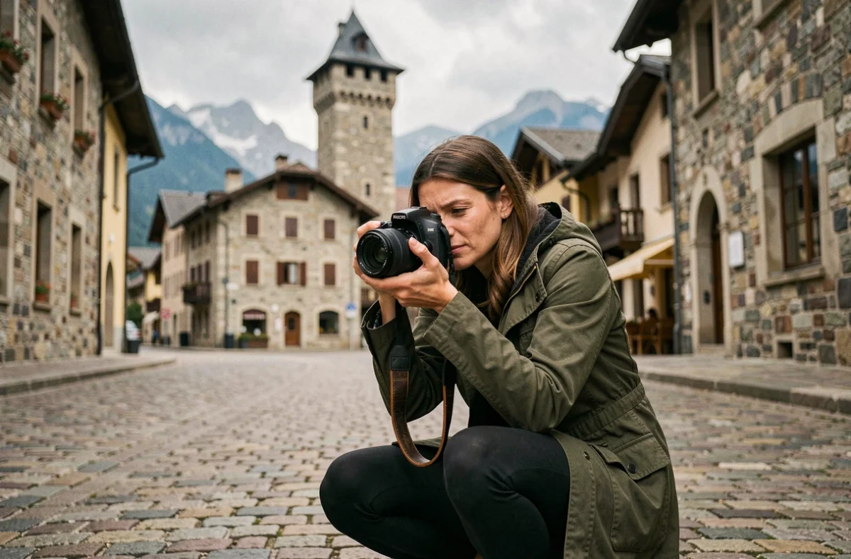 Photographe professionnelle en action dans les rues historiques d'Albertville avec ses bâtiments en pierre et la tour médiévale de Conflans