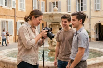 Photographe professionnelle en séance photo avec un couple devant une fontaine provençale à Aix-en-Provence