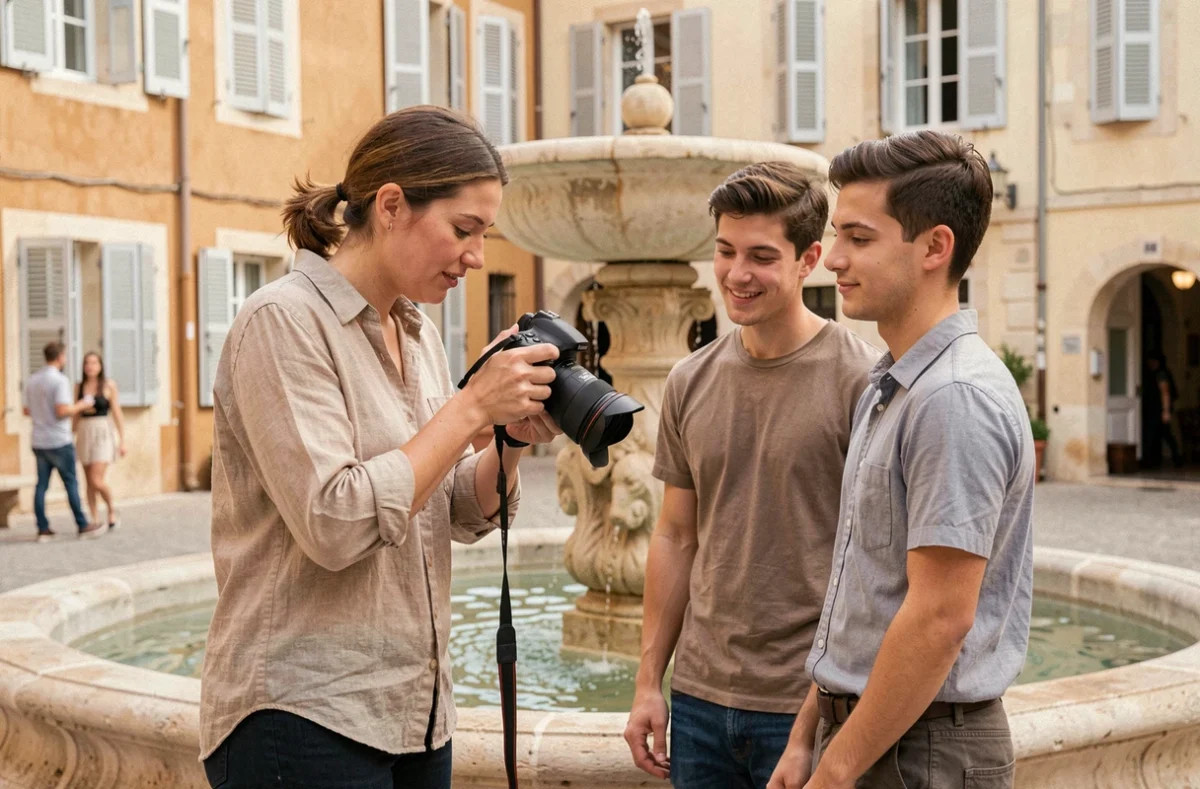 Photographe professionnelle en séance photo avec un couple devant une fontaine provençale à Aix-en-Provence
