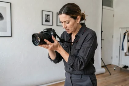 Photographe professionnelle réglant son appareil photo dans un studio moderne à Gagny