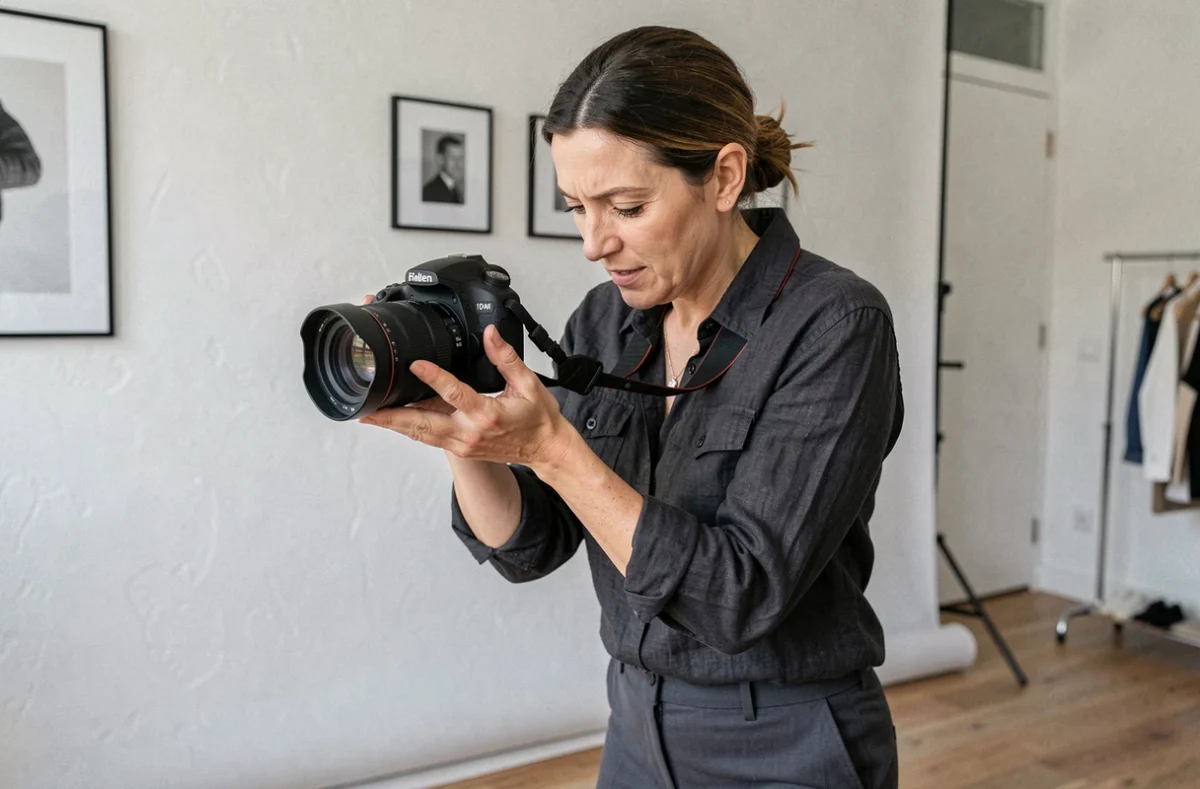 Photographe professionnelle réglant son appareil photo dans un studio moderne à Gagny