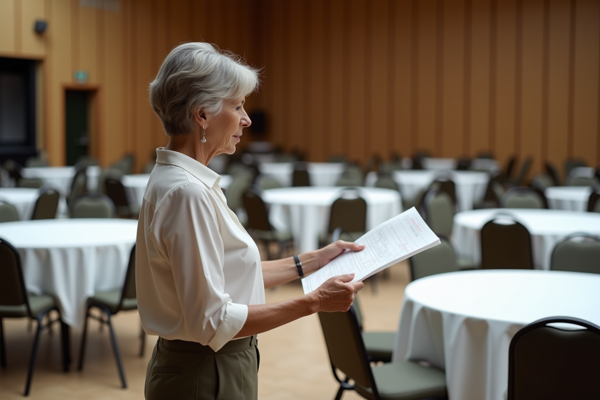 Femme examinant un plan de table dans une salle communautaire