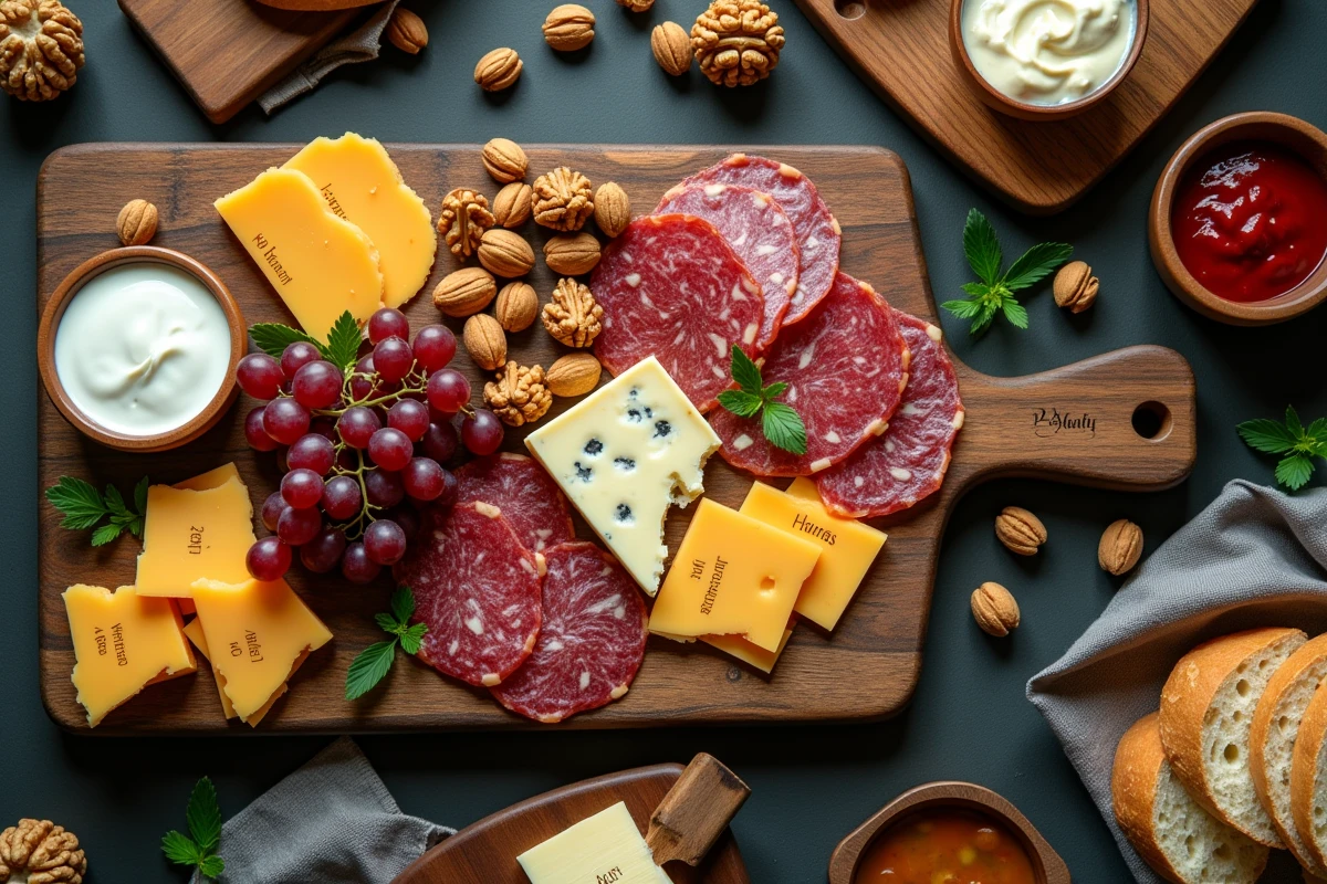 Plateau de charcuterie et fromages pour un buffet de 100 convives avec étiquettes artisanales et garnitures fraîches