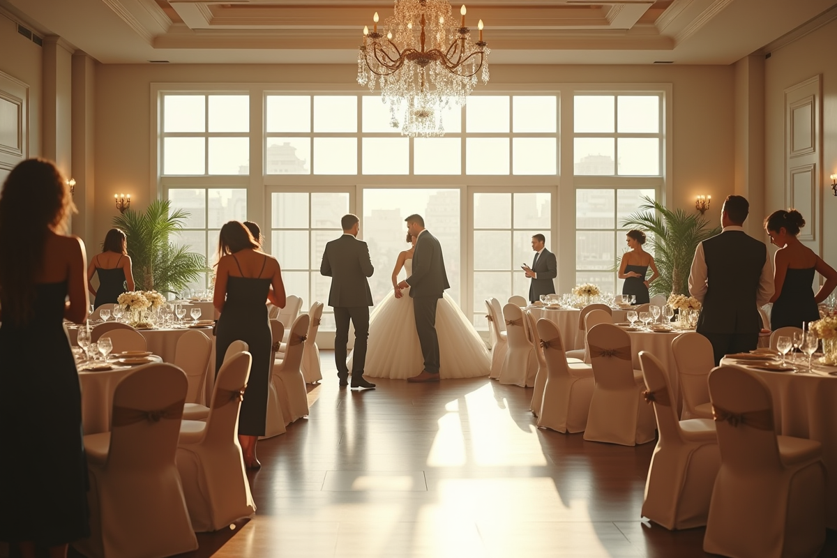 Professionnels du mariage préparant la salle de réception