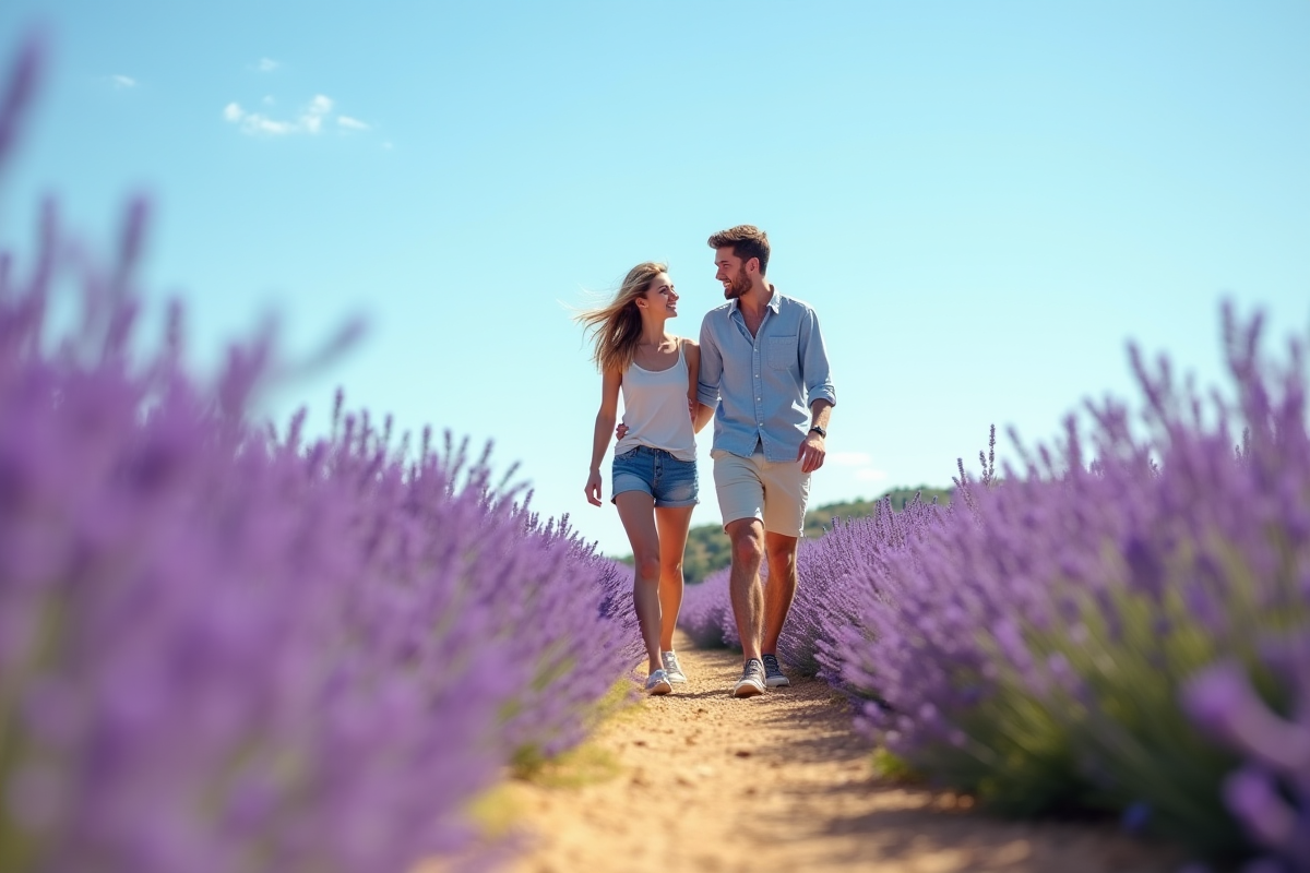 Couple marchant dans un champ de lavande en Provence en été