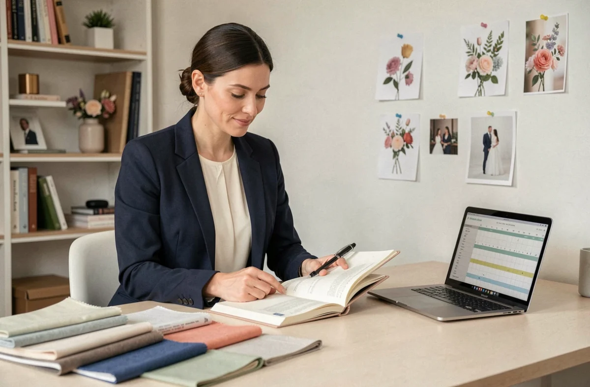 Une wedding planner de Nantes consulte un carnet de planning dans son bureau moderne avec des échantillons de tissu et des moodboards