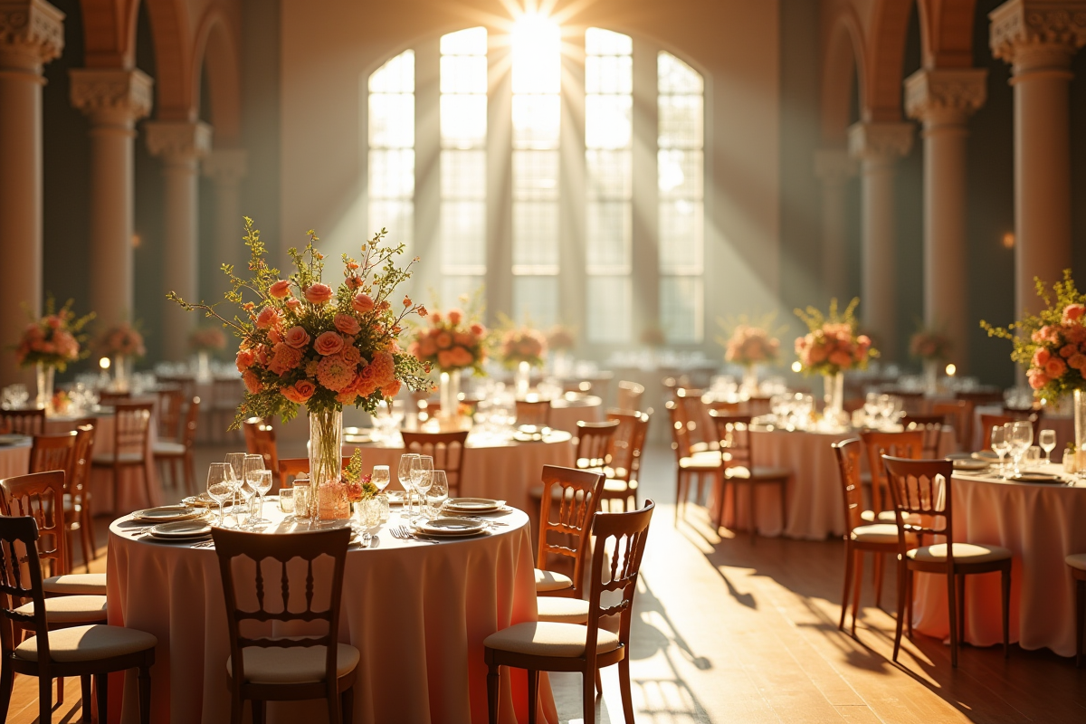Salle de reception de mariage avec centres de fleurs sur tables rondes