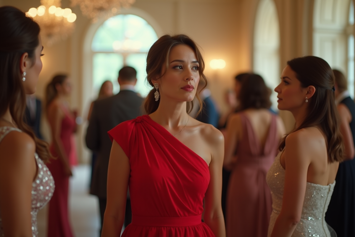 Femme en robe rouge lors d'une reception de mariage
