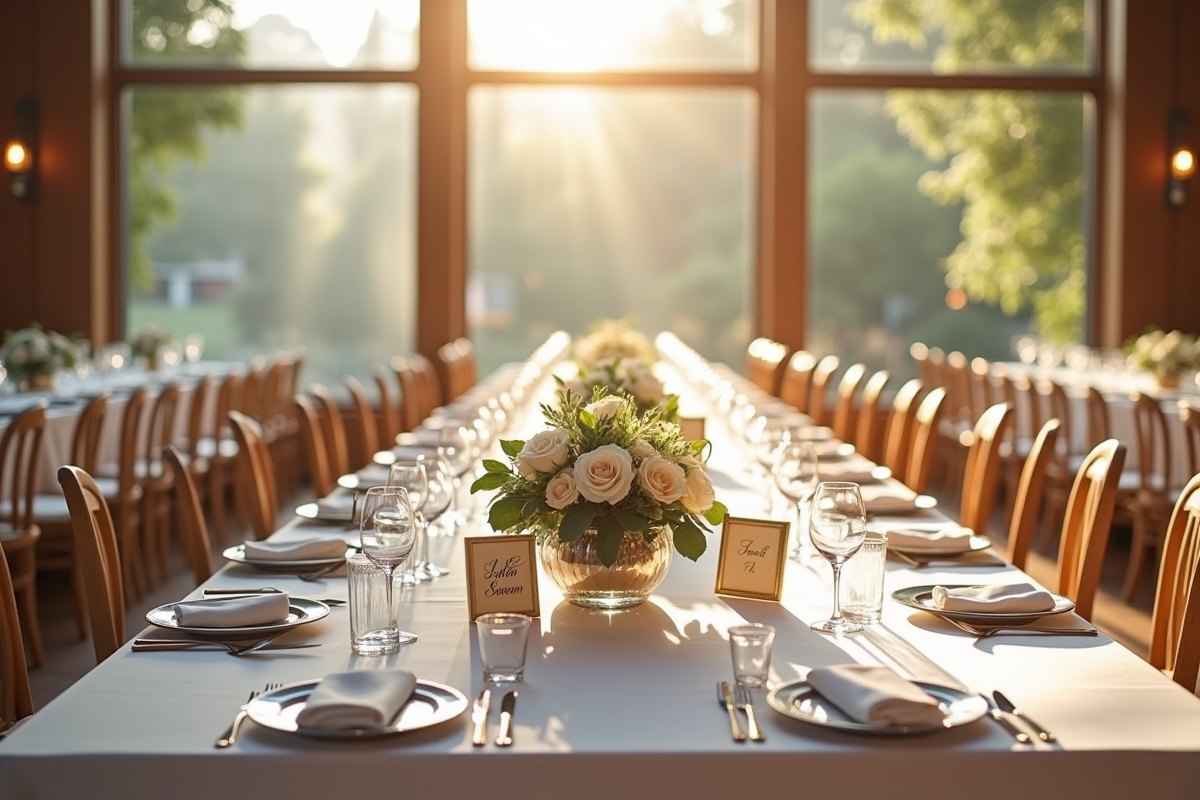 Table des mariés en intérieur avec fleurs et invités en arrière-plan