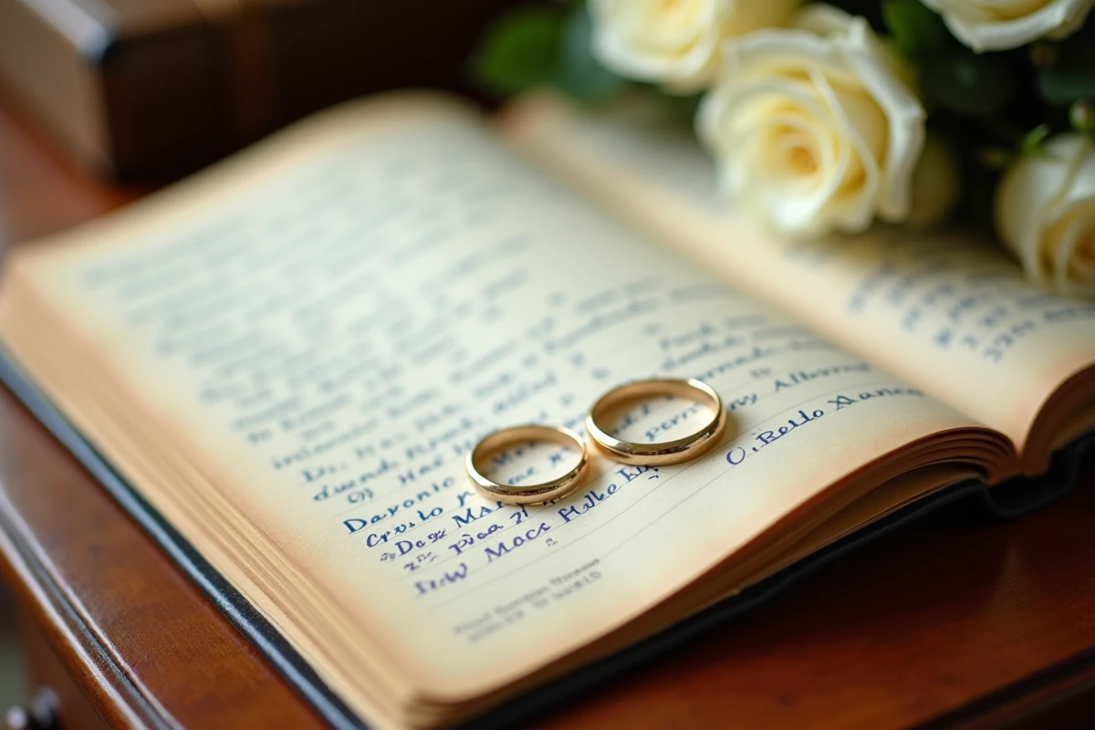 Registre de mariage ouvert avec alliance en or et bouquet de roses blanches sur un bureau en acajou