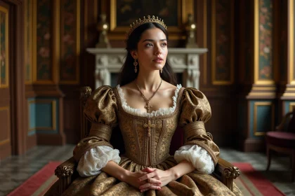 Portrait d'une reine du 17e si&egrave;cle avec rosier en main