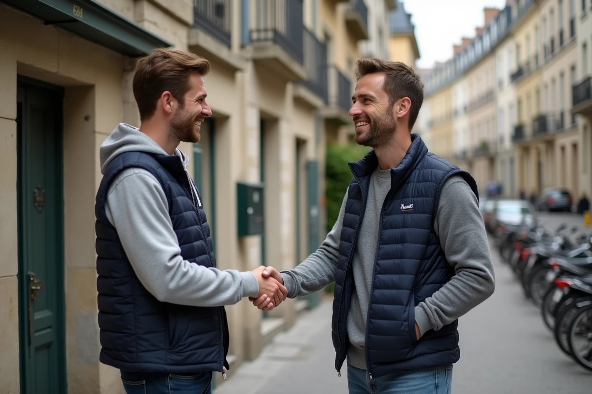 Deux voisins se rencontrant pour la première fois devant un immeuble dans une rue urbaine française