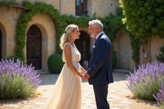 Couple fêtant 36 ans de mariage renouvelant leurs vœux dans un domaine provençal, la femme en robe de mousseline ivoire et l'homme en costume marine