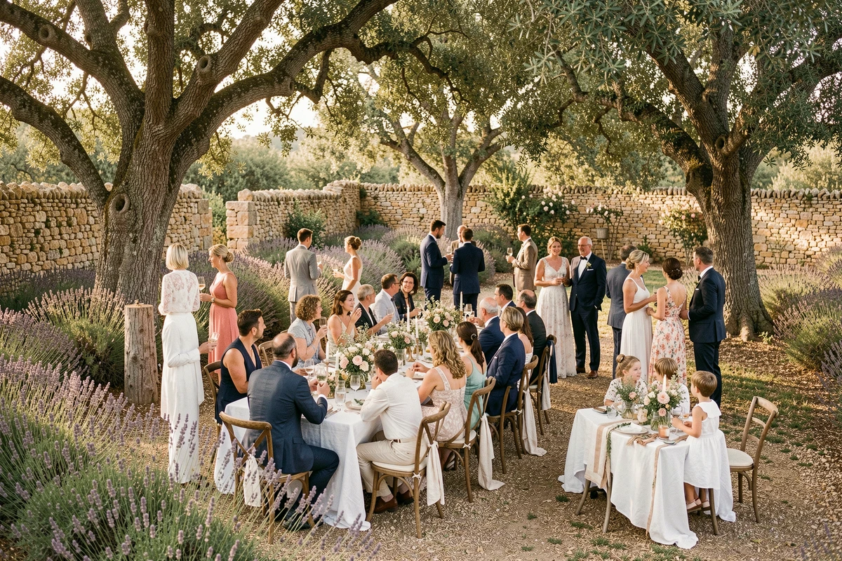 Table de mariage en plein air avec invités adultes et table enfants décorée dans un jardin provençal
