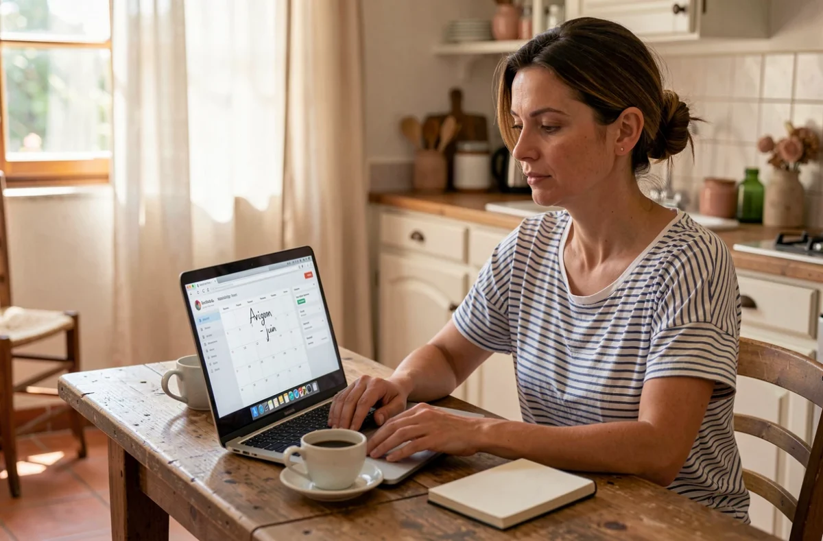 Femme réservant un photographe en ligne depuis son appartement provençal à Avignon