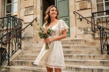 Femme en robe bohème courte en dentelle ivoire devant une mairie en pierre pour un mariage civil