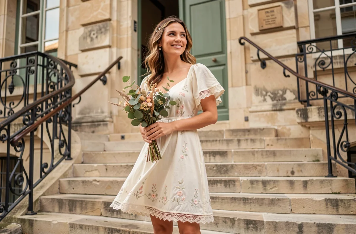Femme en robe bohème courte en dentelle ivoire devant une mairie en pierre pour un mariage civil