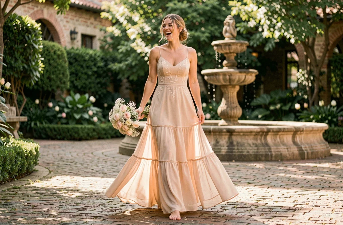 Robe bohème longue en mousseline champagne pour mariage civil dans une cour de mairie avec fontaine en pierre
