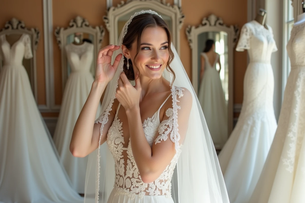 Mariée ajustant son voile dans une boutique parisienne élégante