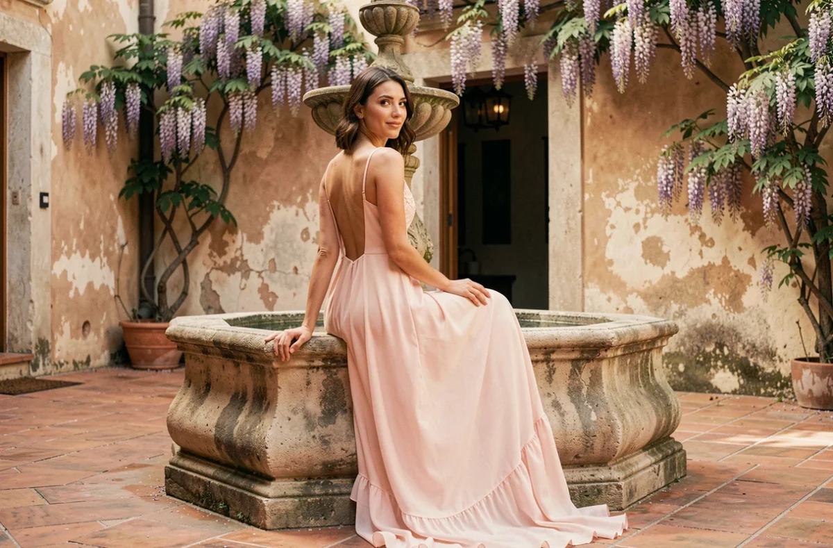 Femme assise en robe longue rose pâle respirante en organza sur une fontaine en pierre lors d'un mariage estival en Méditerranée