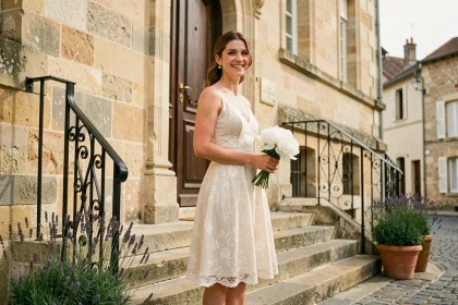 Femme en robe de mariée courte en dentelle ivoire devant une mairie en pierre, bouquet de pivoines blanches à la main, style champêtre et élégant petit budget